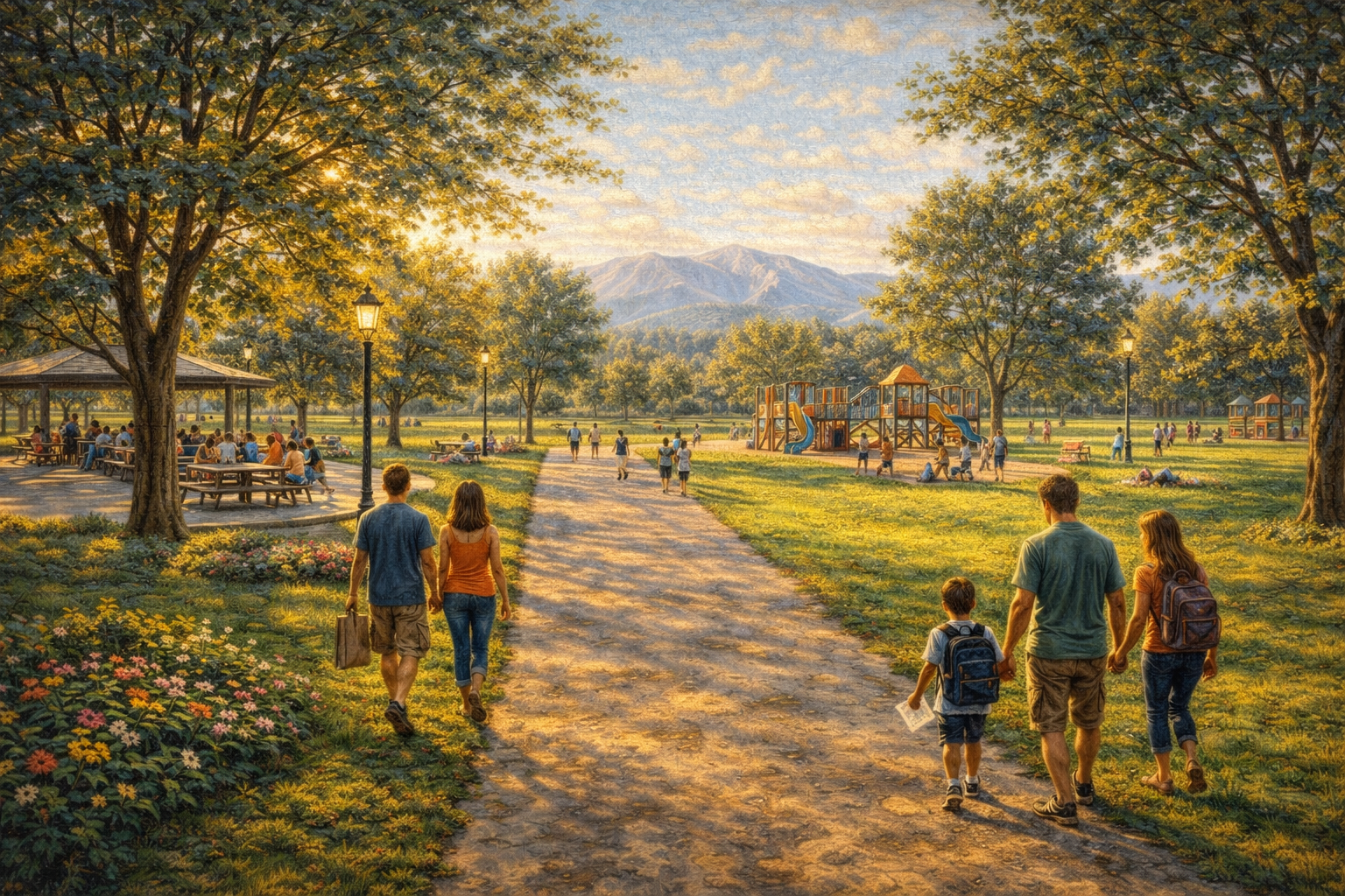 Beautiful park with walking path and green trees