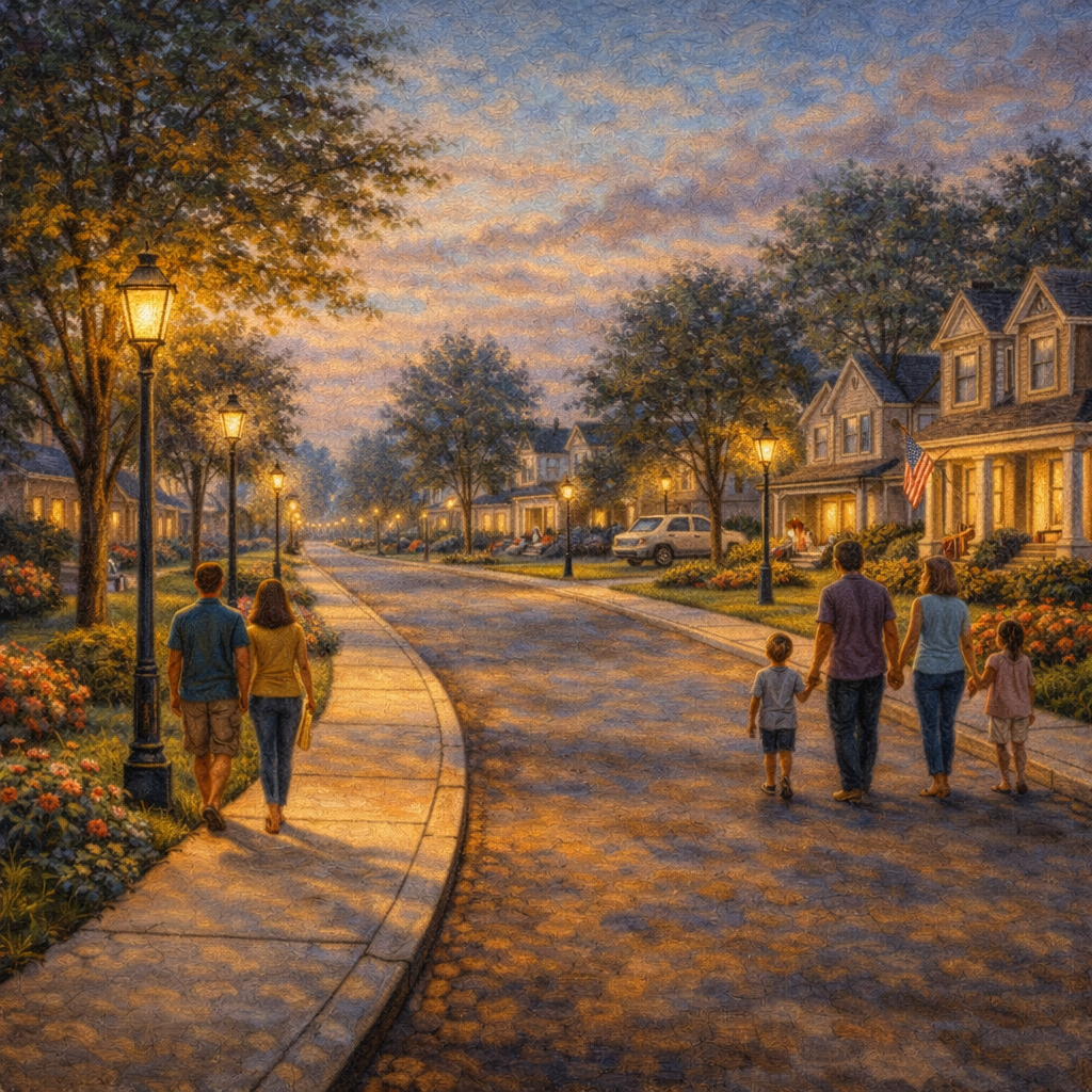 Well-lit suburban street at dusk